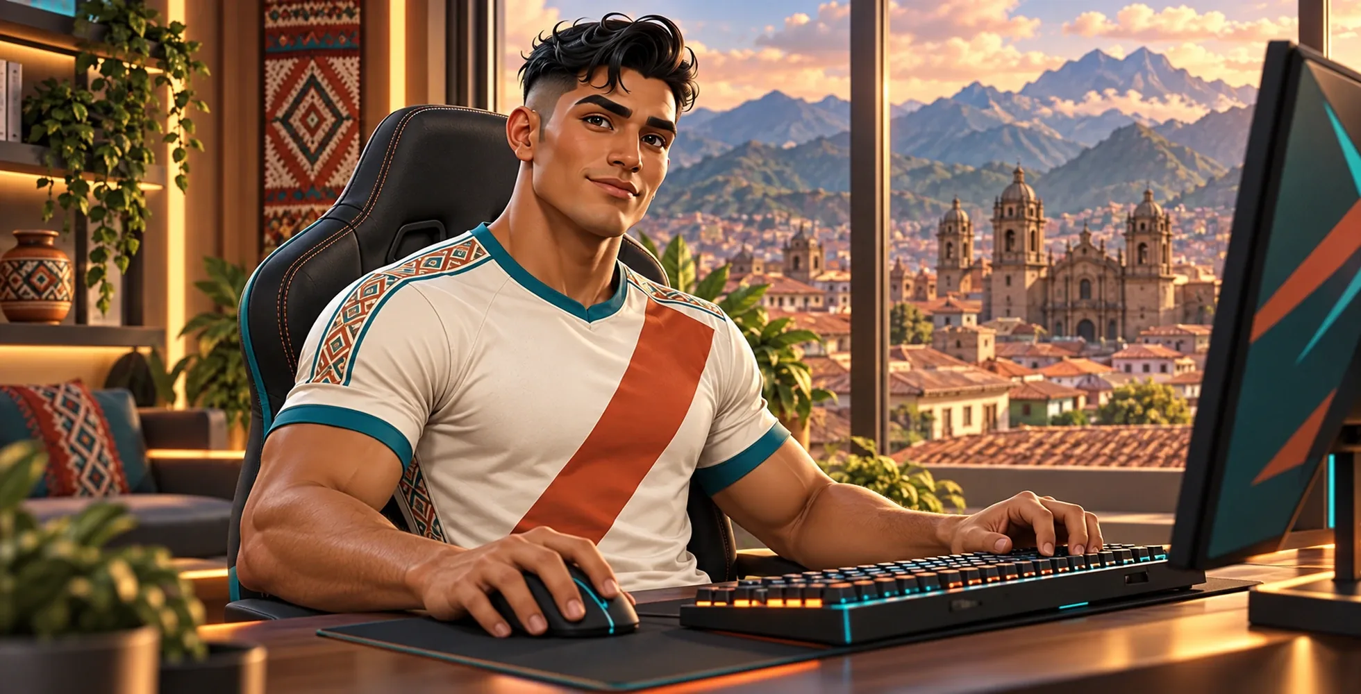 Jugador adulto de esports con vista a los tejados de Cusco