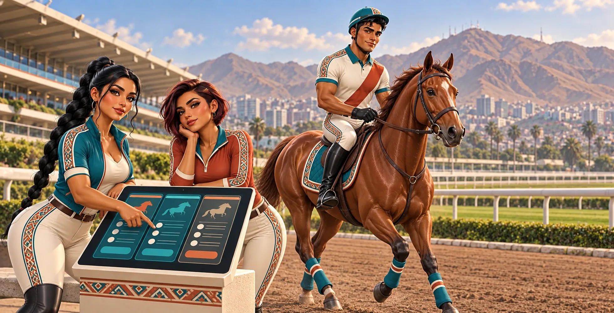 Jinete adulto e interfaz de apuestas en un hipódromo de Lima